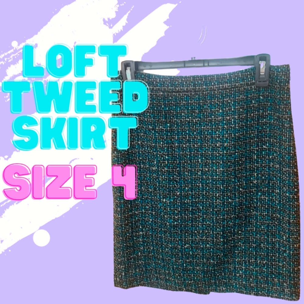 LOFT Tweed Skirt Size 4. Black, White, Brown and Blue / Teal Color